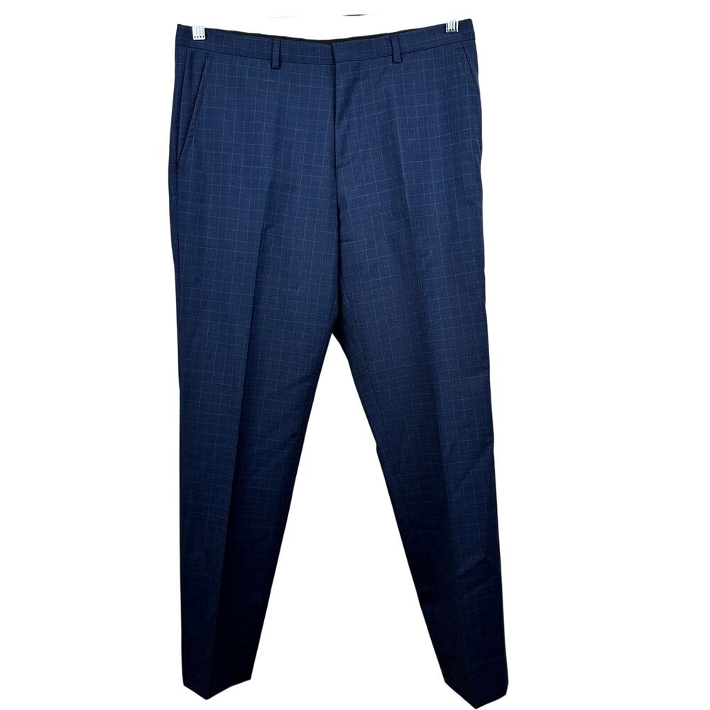 Hugo Boss Men's Wool Dress Pants Plaid Check Windowpane Navy 32R Extra Slim Fit